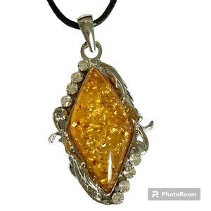 Vintage Honey Yellow Amber Necklace Art Deco Crystal 18" Simulated Silver Plated